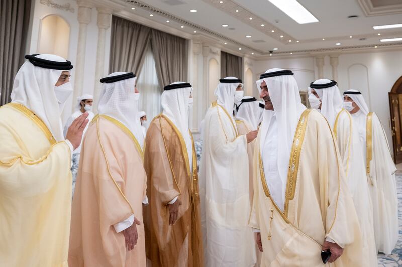 Sheikh Mansour bin Zayed, Deputy Prime Minister and Minister of Presidential Affairs, left, greets Sheikh Hamad bin Mohammed Al Sharqi, Ruler of Fujairah. Photo: Hamad Al Kaabi / Ministry of Presidential Affairs