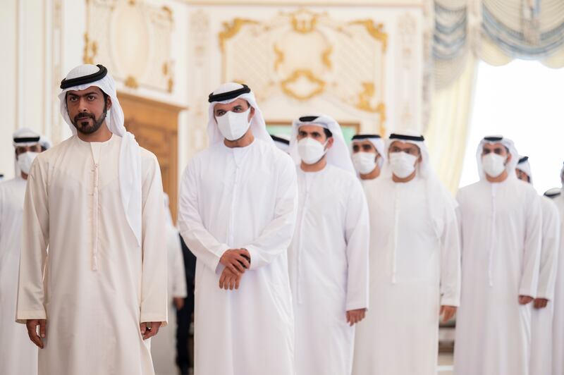 Sheikh Khalifa bin Tahnoon and members of Martyrs' Families' Affairs Office of the Abu Dhabi Crown Prince Court at the barza.