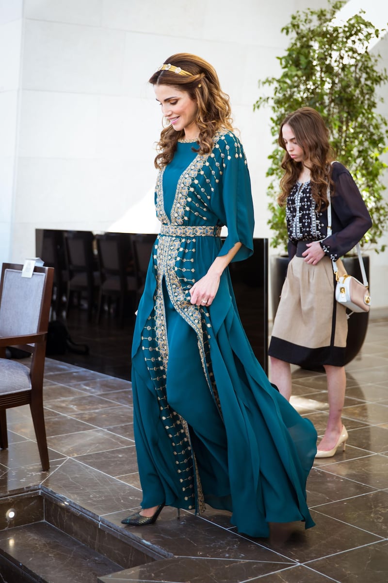 AMMAN, JORDAN - JUNE 02: In this handout image provided by Royal Hashemite Court,  Queen Rania of Jordan attends to celebrate the Great Arab Revolt centennial at Al Rayah parade ground in the Royal Hashemite Court on June 02, 2016 in Amman, Jordan. (Photo by Royal Hashemite Court vis Getty Images)