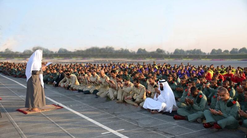 Major general Dr Mohammed Ahmed bin Fahd, Assistant of the Chief of Police for the Academy and Training, and Brig Dr Ghaith  Al Suwaidi, Director of the Dubai Police academy, lead Dubai Police in prayers for rain at Khamis Mathar Al Mazeina Mosque. Courtesy Dubai Police