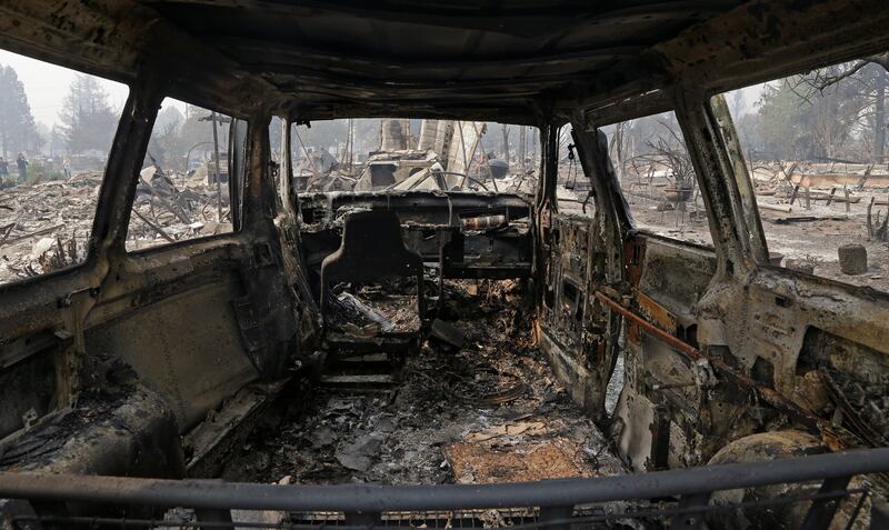 View from inside a parked car destroyed by fire in the Coffey Park area of Santa Rosa, California. Ben Margot / AP Photo