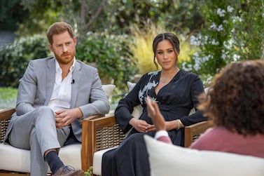 Prince Harry and Meghan, Duchess of Sussex, in conversation with Oprah Winfrey. Courtesy Harpo Productions 