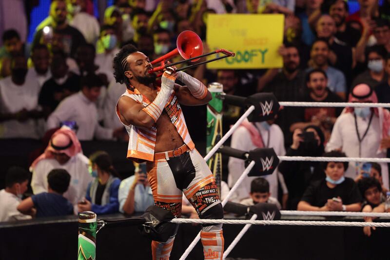 Xavier Woods arrives for his match during the World Wrestling Entertainment (WWE) Crown Jewel pay-per-view event in the Saudi capital Riyadh. AFP