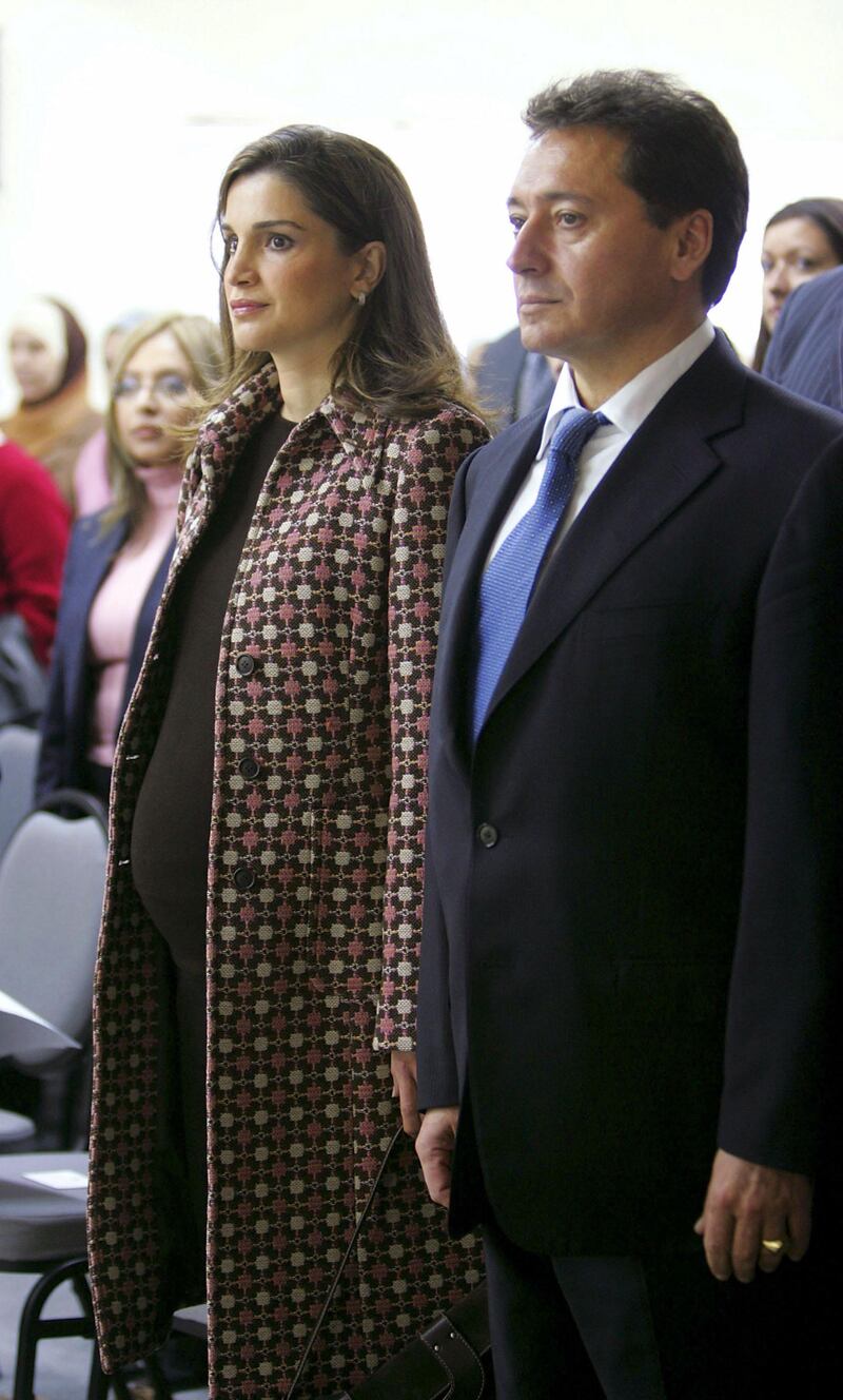 AMMAN, JORDAN - NOVEMBER 29:  A pregnant Queen Rania attends the opening of Jordan's Computer Clubhouse on November 29, 2004 in Amman, Jordan.  The clubhouse is an after-school program that will provide youths with access to high-tech equipment, professional software and volunteer mentors to help them develop self-confidence and enthusiasm for learning.  (Photo by Salah Malkawi/Getty Images)