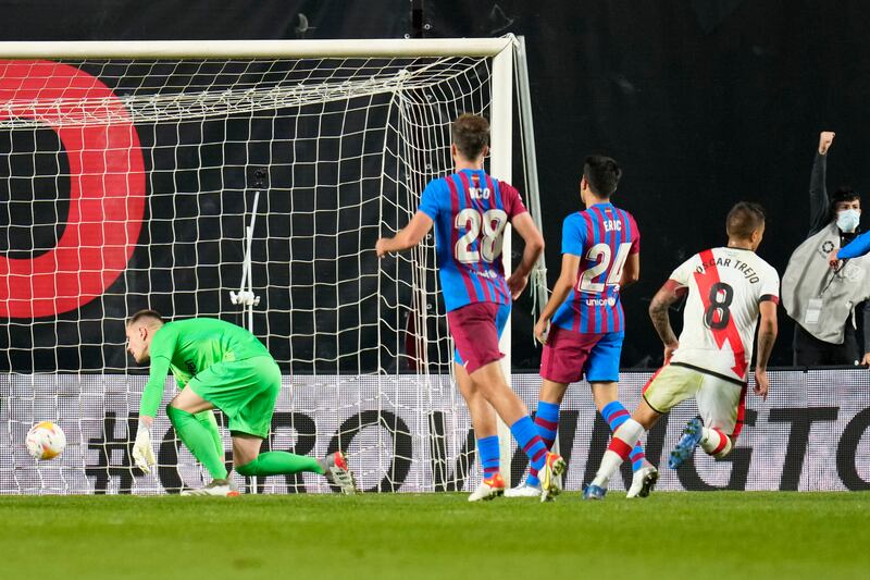 Barcelona's goalkeeper Marc-Andre ter Stegen fails to save the ball as Rayo's Radamel Falcao scores the winning goal. AP