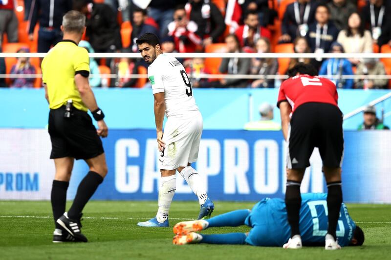 Uruguay's  Luis Suarez reacts during their group A match with Egypt at the 2018 FIFA World Cup at the Yekaterinburg Arena in Yekaterinburg, Russia, on June 15, 2018. Ryan Pierse / Getty Images