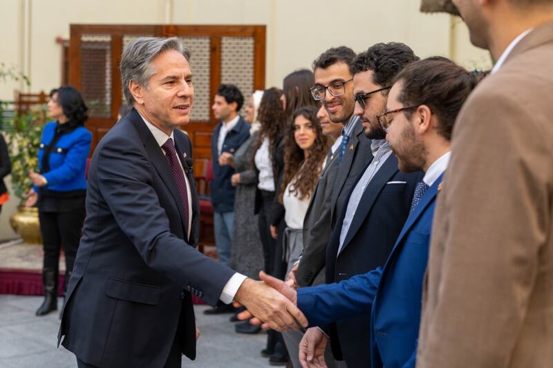 Mr Blinken meets young people in Cairo on the eve of his talks with Mr El Sisi. Photo: US State Department