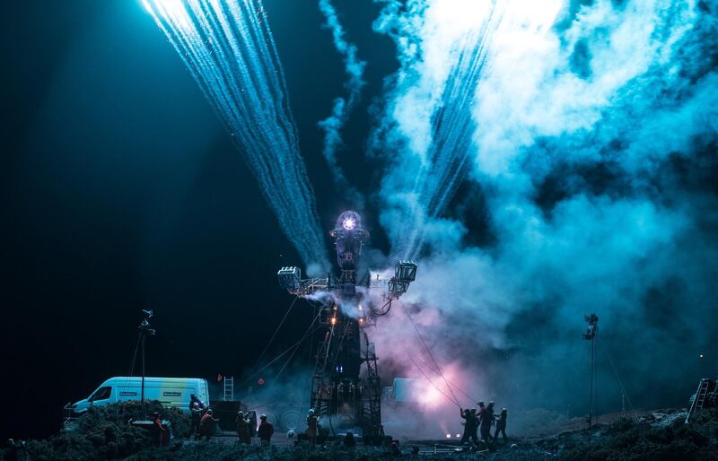 Pyrotechnics illuminate the Man Engine, the largest mechanical puppet ever built in the UK in St Just in Cornwall, England. Matt Cardy / Getty Images