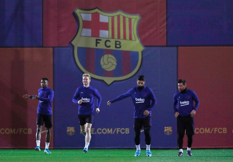 Barcelona's Anssumane Fati, Frenkie de Jong, Luis Suarez and Lionel Messi during trainingn. Reuters