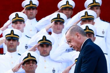 Turkey's President Recep Tayyip Erdogan delivers a speech to graduates of a military academy in Istanbul, on August 31, 2019. Presidential Press Service via AP
