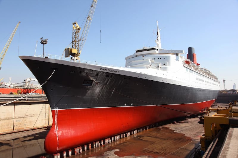 The QE2 in drydock as she is made seaworthy for her next voyage. Photo courtesy of Drydocks World