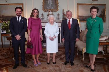 Britain's Queen Elizabeth II with Crown Prince Hussein of Jordan, Queen Rania of Jordan, King Abdullah II of Jordan and Britain's Princess Anne, during a private audience at Buckingham Palace, London, Britain, February 28, 2019. Yui Mok/Pool via REUTERS