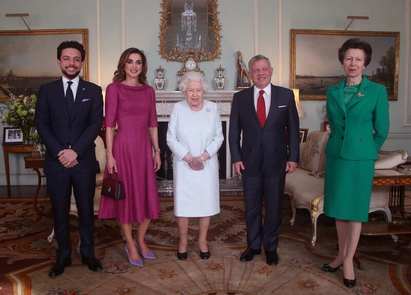 Britain's Queen Elizabeth II with Crown Prince Hussein of Jordan, Queen Rania of Jordan, King Abdullah II of Jordan and Britain's Princess Anne, during a private audience at Buckingham Palace, London, Britain, February 28, 2019. Yui Mok/Pool via REUTERS