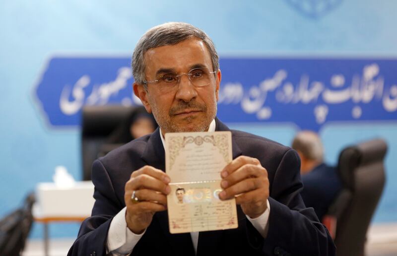 Former Iranian president Mahmoud Ahmadinejad registers his candidacy for the presidential election at the Interior Ministry in Tehran. EPA