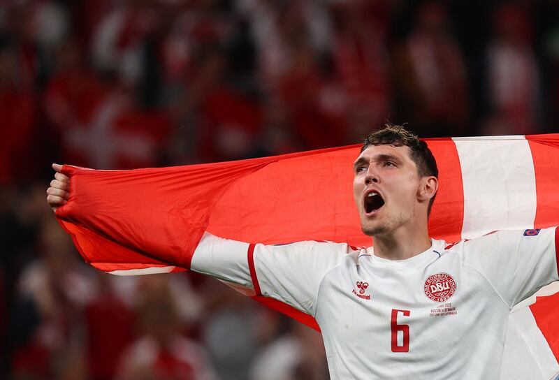 Andreas Christensen of Denmark reacts after the 4-1 Euro 2020 win over Russia  in Copenhagen. EPA