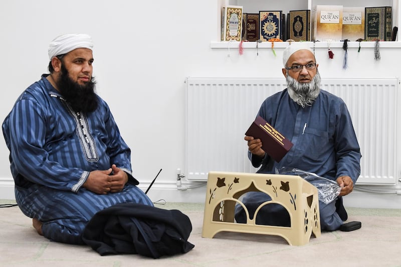 Members of the Muslim community attend the opening of the first mosque built on the Western Isles, Stornoway, Scotland, on May 11, 2018. Jeff J Mitchell / Getty Images