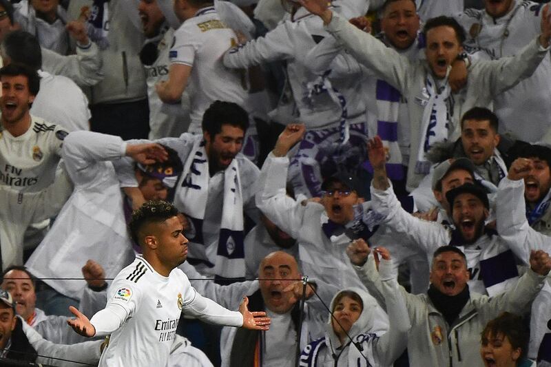 Real Madrid forward Mariano Diaz celebrates after scoring his team's second goal during their La Liga win over Barcelona at the Bernabeu stadium on Sunday, March 1. AFP