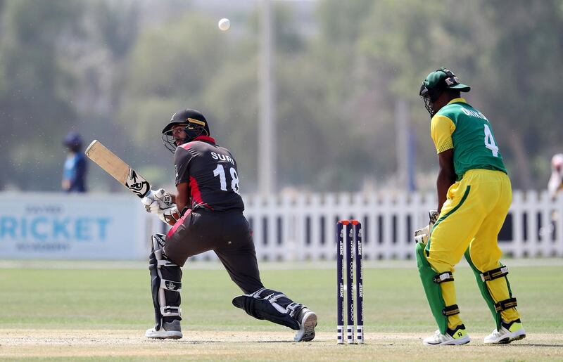 ABU DHABI , UNITED ARAB EMIRATES , October 24  – 2019 :- Chirag Suri of UAE playing a shot during the World Cup T20 Qualifiers between UAE vs Nigeria held at Tolerance Oval cricket ground in Abu Dhabi. UAE won the match by 5 wickets.  ( Pawan Singh / The National )  For Sports. Story by Paul