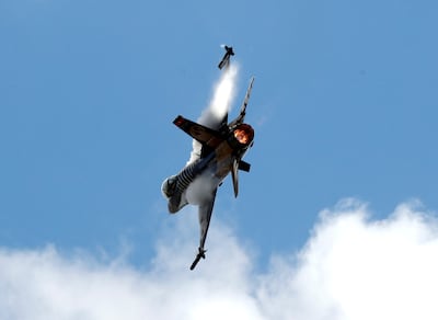 An F-16 aircraft of the Turkish Air Force performs during an airshow in 2018. Reuters