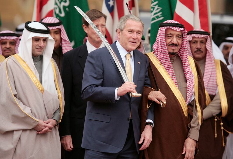 Ex-US president George W. Bush and Saudi Arabia's Prince Salman bin Abdul Aziz watch the Ardah being performed in Riyadh. Reuters