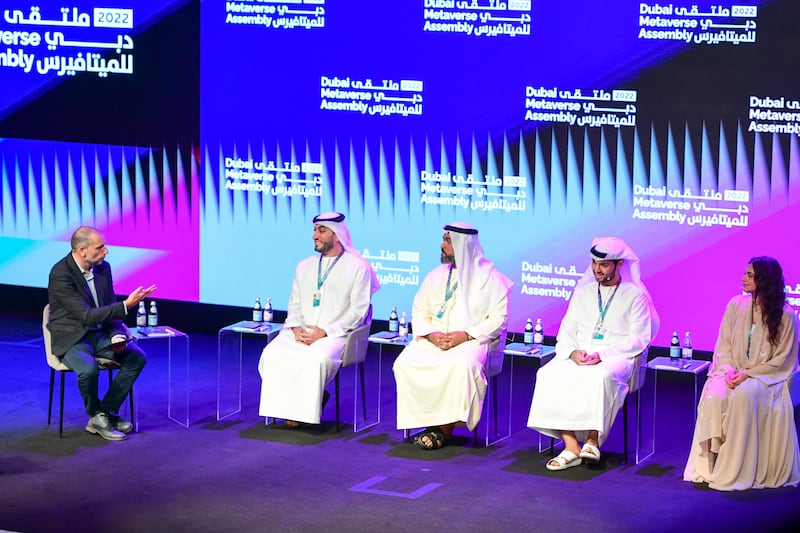 From left, Alex Gubbay, Head of Digital at 'The National', moderator Amin Al Zarouni, of Bedu, Abdelrahman Mohamed, of MetaCon Global, Abdulla Mohamed Al Dhaheri, of Chaintech Lab, and Haya Al Gussain, of Evolve Network Club take part in the UAE Metaverse Contributors' panel discussion.