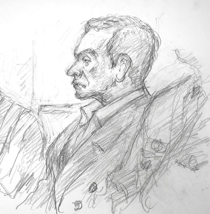 This courtroom sketch illustrated by Masato Yamashita depicts former Nissan chairman Carlos Ghosn attending his hearing at the Tokyo district court on January 8, 2019. - Former Nissan boss Carlos Ghosn said on January 8 he had been "wrongly accused and unfairly detained" at a high-profile court hearing in Japan, his first appearance since his arrest in November rocked the business world. (Photo by JIJI PRESS / JIJI PRESS / AFP) / Japan OUT