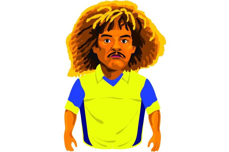 Carlos Valderrama: The Colombian, with the mound of tight blonde curls and wrists adorned with colourful bracelets, remains one of the most-recognisable players in history. His elegant, unhurried style contrasted with the passionate determination he used as fuel to lead his country to three successive World Cups. Illustration by Mathew Kurian / The National