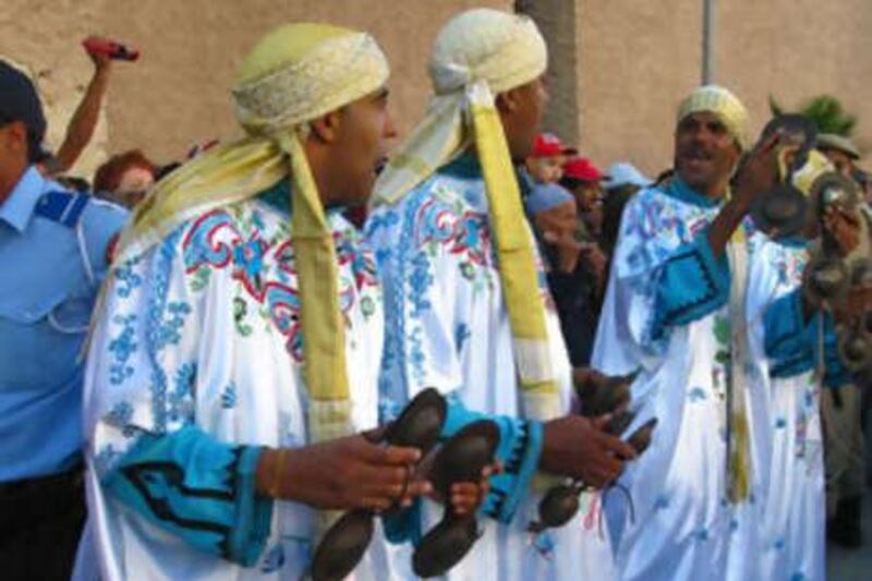 Gnawa playing at the opening parade of the Gnawa Festival in Essaouira.