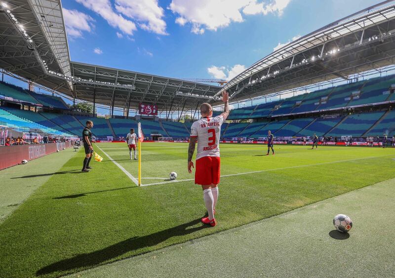 RB Leipzig's Spanish defender Angelino prepares to take a corner during their home match against Freiburg on Saturday. AFP