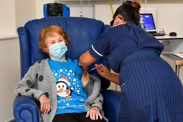 Margaret Keenan, 90, is the first patient in the UK to receive the Pfizer-BioNTech Covid vaccine. AP