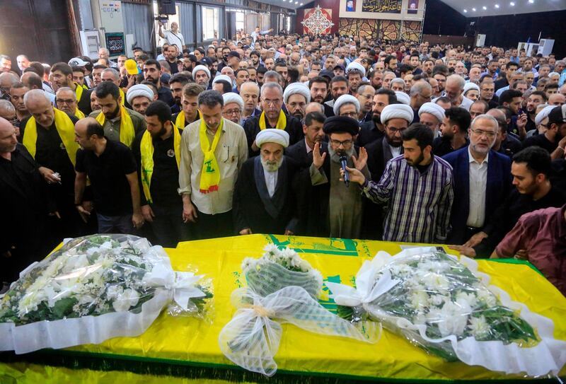 Hashim Safieddin, the head of Lebanon's Shiite movement Hezbollah's political bureau, speaks during the funeral of two members of Hezbollah killed in Israeli strikes in Syria. AFP