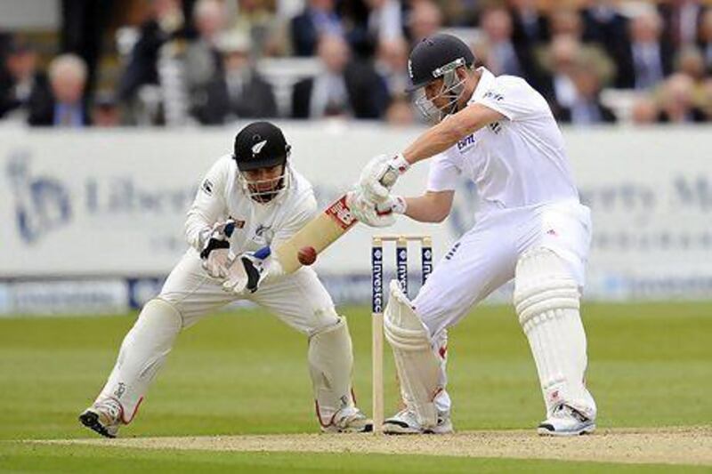 England’s Jonathan Trott plays a shot off the bowling of New Zealand’s Tim Southee in England’s first innings.