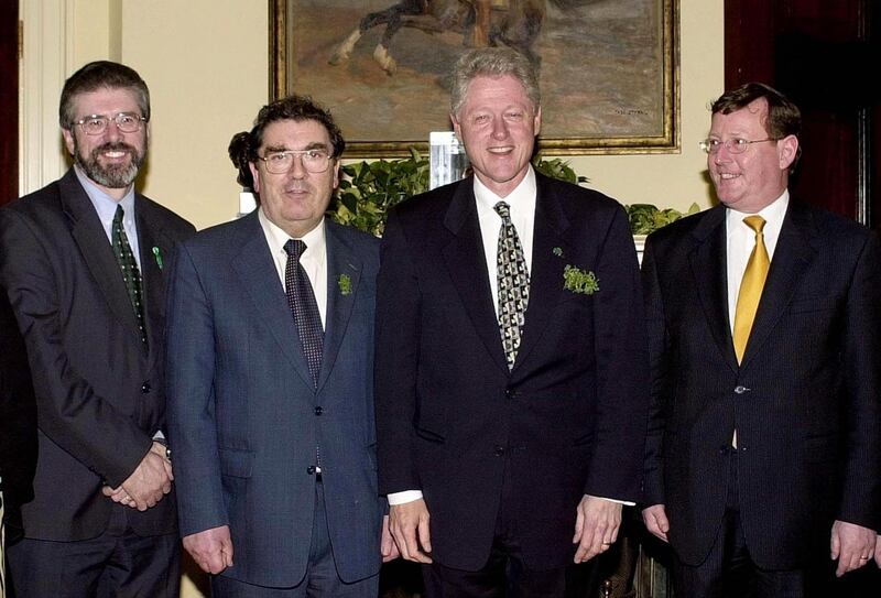 In this March 17, 2000 photo, then US president Bill Clinton meets with Northern Ireland leaders Gerry Adams, John Hume and David Trimble at the White House in Washington. AFP