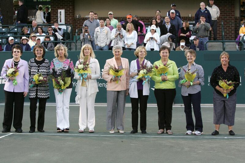 FILE PHOTO: (L-R) Members of the "Original Nine" Billie Jean King, Jane "Peaches" Bartkowicz, Kristy Pigeon, Valerie Ziegenfuss, Judy Tegart Dalton, Julie Heldman, Kerry Melville Reid, Nancy Richey, and Rosemary "Rosie" Casals, who started the Women's Tennis Association, pose for a photo at the 40th anniversary of Family Circle Cup tennis tournament in Charleston, South Carolina April 7, 2012. REUTERS/Mary Ann Chastain/File Photo