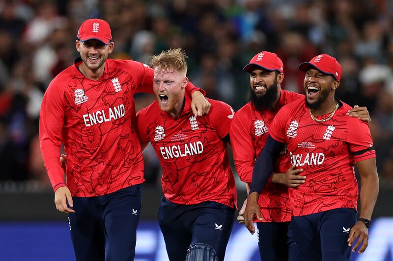 Alex Hales, Ben Stokes, Adil Rashid and Chris Jordan of England celebrate. Getty 