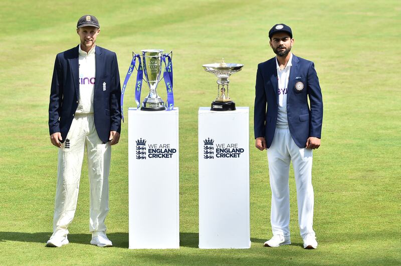 England captain Joe Root, left, and India captain Virat Kohli meet with the trophies prior to the first Test at Trent Bridge in Nottingham, which begins on Wednesday.