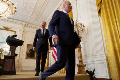 US President Joe Biden and German Chancellor Olaf Scholz leave after their joint news conference in the White House in Washington this month. EPA