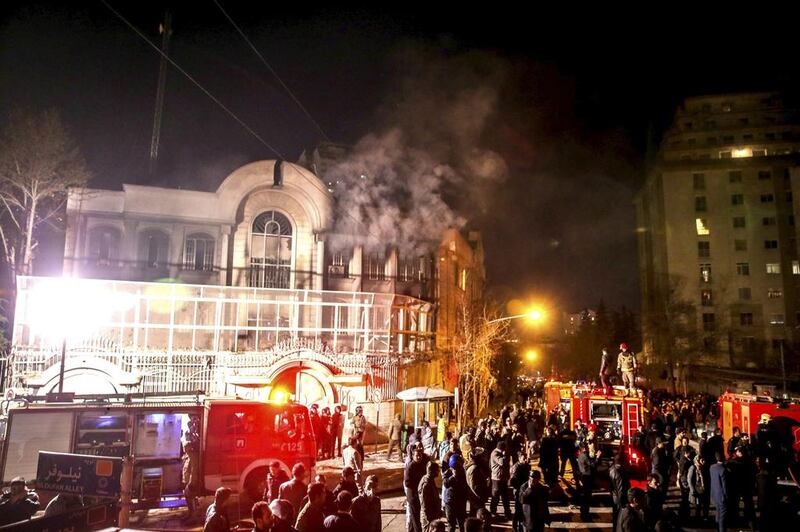 Flames rise from Saudi Arabia's embassy after it was stormed by Iranian protesters during a demonstration in Tehran, Iran on January 2, 2016. Mehdi Ghasemi/ISNA/File Photo from Reuters 