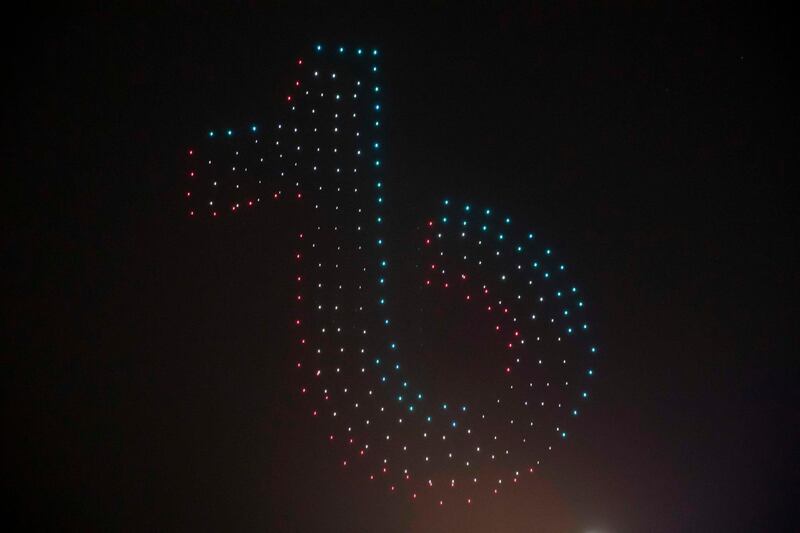 DUBAI, UNITED ARAB EMIRATES. 06 JANUARY 2021. Drone light show at The Beach against the backdrop of Ain Dubai. (Photo: Antonie Robertson/The National) Journalist: None. Section: National.