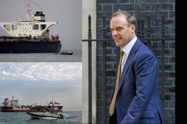 A composite image showing Dominic Raab, Britain's new foreign secretary and the Iranian Grace 1 supertanker, held by Gibraltar, above, and the British-flagged Stena Impero, held by Iran off Bandar Abbas. Photos Bloomberg, Reuters and EPA 