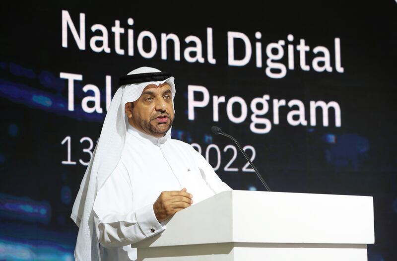 Abdulla Qassem, group chief operating officer of Emirates NBD, speaks about the need for digital skills at the Museum of the Future in Dubai. Pawan Singh / The National
