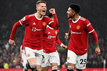 Scott McTominay (L) of Manchester United celebrates with teammate Jadon Sancho (R) after scoring the 1-0 lead during the English Premier League match between Manchester United and Burnley FC in Manchester, Britain, 30 December 2021.   EPA/PETER POWELL EDITORIAL USE ONLY.  No use with unauthorized audio, video, data, fixture lists, club/league logos or 'live' services.  Online in-match use limited to 120 images, no video emulation.  No use in betting, games or single club / league / player publications