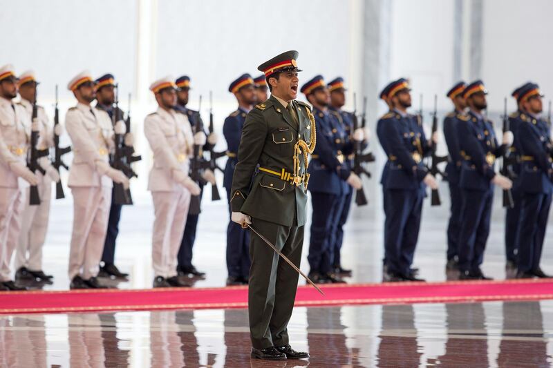 ABU DHABI, UNITED ARAB EMIRATES - July 19, 2018: Members of the UAE Armed Forces Honour Guard, stand at attention, during a reception held at the Presidential Airport.
( Mohamed Al Bloushi for the Crown Prince Court - Abu Dhabi )
---