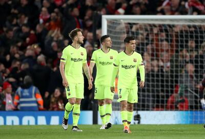 Soccer Football - Champions League Semi Final Second Leg - Liverpool v FC Barcelona - Anfield, Liverpool, Britain - May 7, 2019  Barcelona's Ivan Rakitic, Clement Lenglet and Philippe Coutinho react after conceding their third goal scored by Liverpool's Georginio Wijnaldum         Action Images via Reuters/Carl Recine