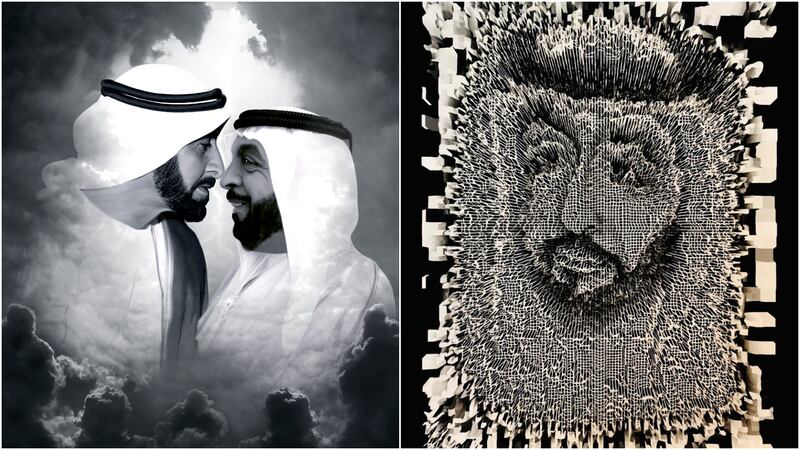 A digital artwork by Indian artist Jyo John Mulloor showing Sheikh Zayed and Sheikh Khalifa, left, and a piece by Emirati artist Camelia Mohebi. Photo: Jyo John Mulloor and Camelia Mohebi