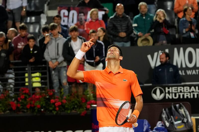 Novak Djokovic celebrates after beating Casper Ruud in the Italian Open semi-finals. AP