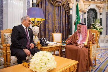 Saudi Arabia's King Salman bin Abdulaziz meets Libyan military commander Khalifa Haftar in Riyadh. Reuters