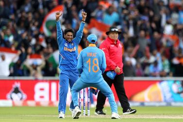Kuldeep Yadav celebrates taking the wicket of Fakhar Zaman during the Cricket World Cup match between India and Pakistan. Press Association 