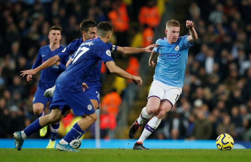 Chelsea's Cesar Azpilicueta in action with Manchester City's Kevin De Bruyne. Reuters