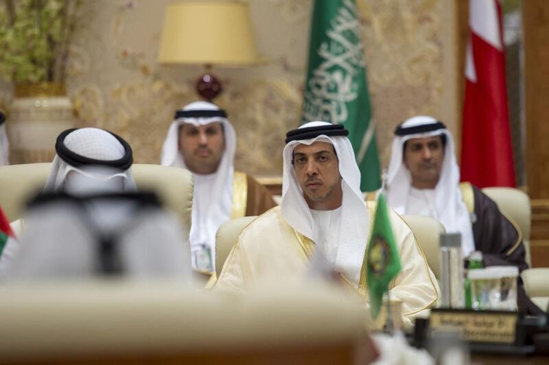 Sheikh Mansour bin Zayed, UAE Deputy Prime Minister and Minister of Presidential Affairs, centre, attends the 17th GCC Consultative summit in Riyadh. Rashed Al Mansoori / Crown Prince Court - Abu Dhabi